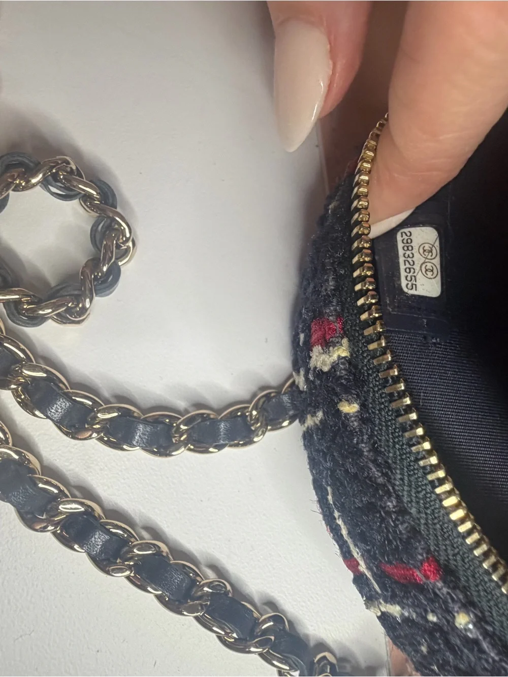 Chanel Filigree Round Clutch with Chain Tweed Navy Red Crossbody Bag